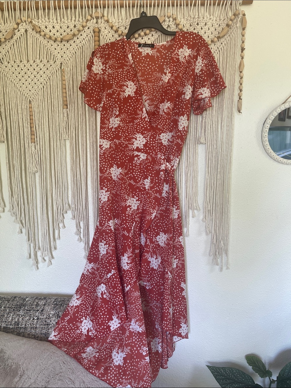 Women's Rust Floral Wrap Dress - White Print
